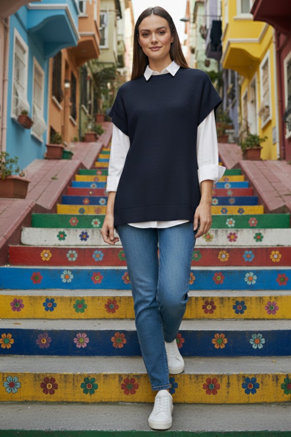 Saç Örgü Süveter H25310 Lacivert