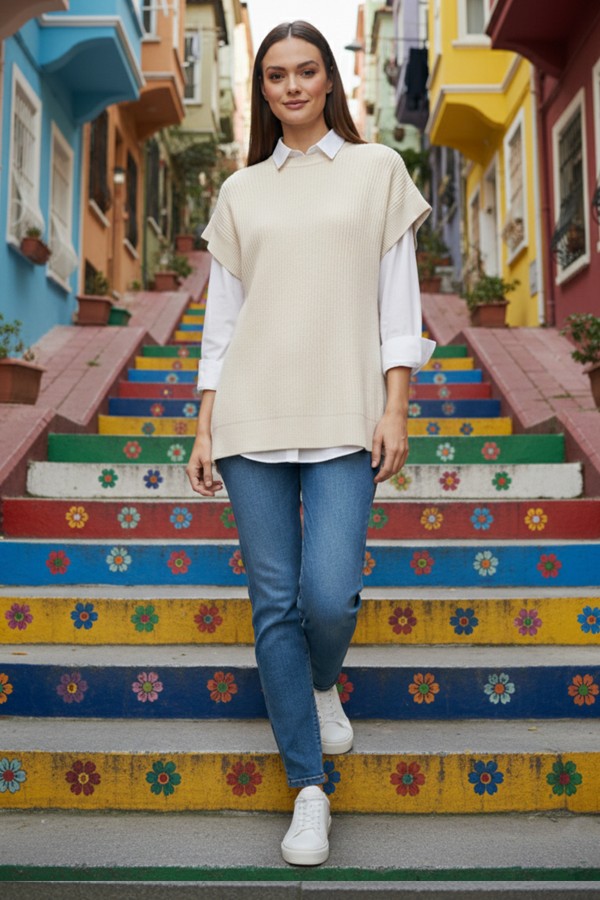 Saç Örgü Süveter H25310 Taş Rengi