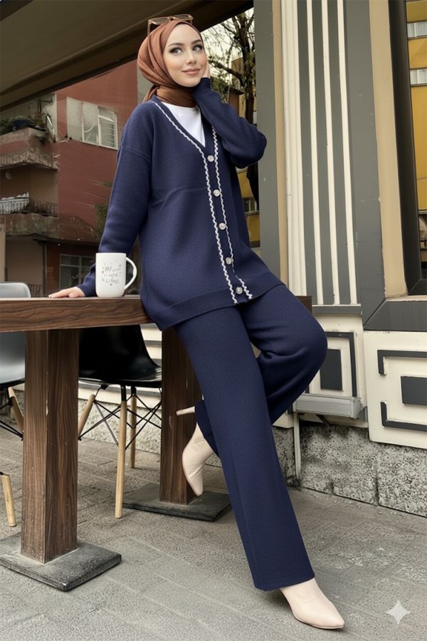 Şerit Detaylı Triko Ceket Takım H25302 Lacivert