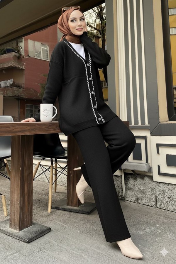 Şerit Detaylı Triko Ceket Takım H25302 Siyah
