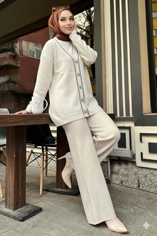 Şerit Detaylı Triko Ceket Takım H25302 Taş Rengi