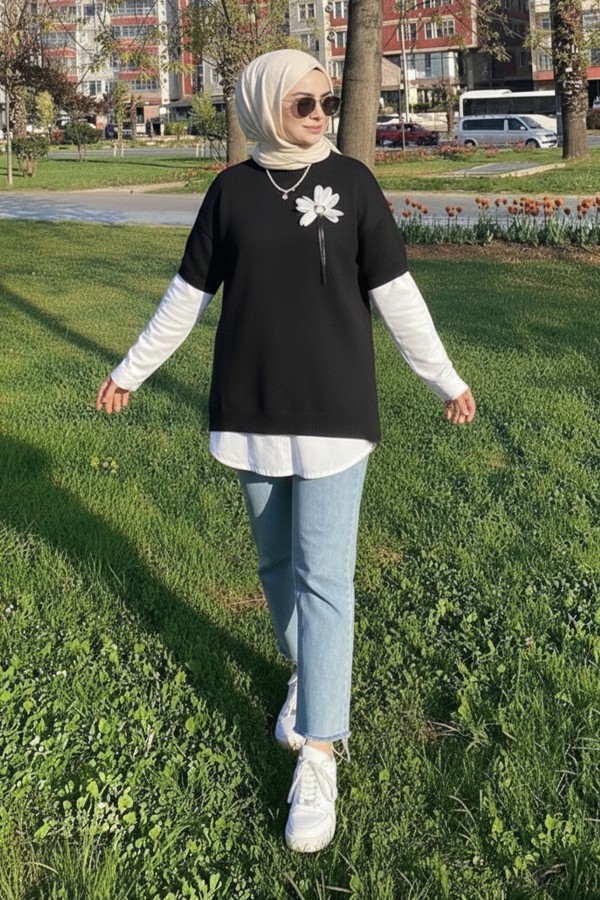 Fitilli Oversize Triko Süveter H25304 Siyah Fitilli Oversize Triko Süveter H25304 Siyah