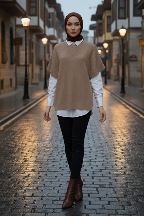 Oversize Triko Süveter H25305 Vizon