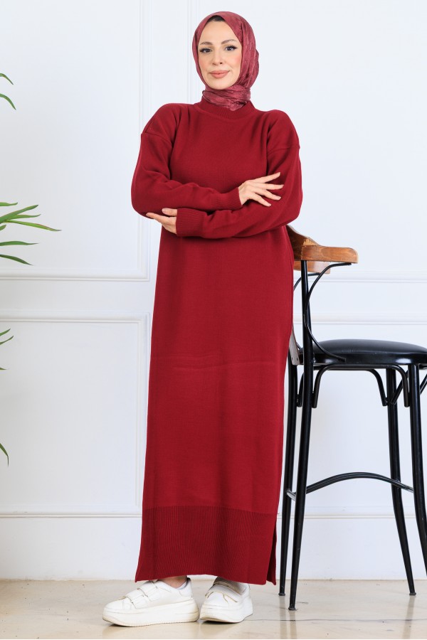 Yırtmaç Detaylı Triko Elbise S510 Bordo