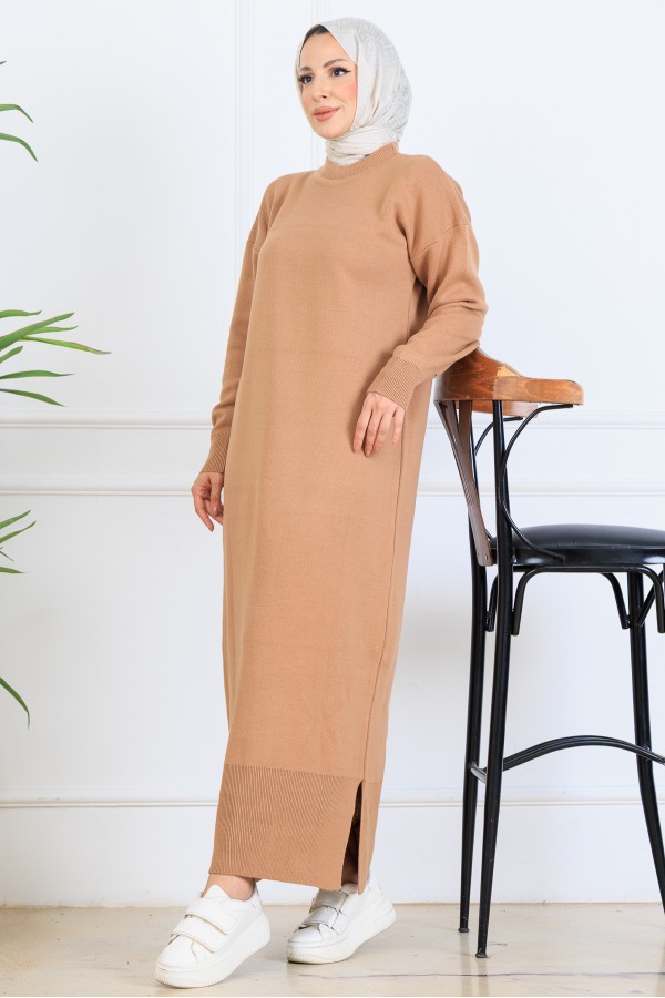 Yırtmaç Detaylı Triko Elbise S510 Vizon Yırtmaç Detaylı Triko Elbise S510 Vizon