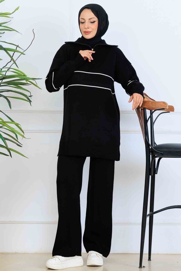 Yakası Fermuarlı Şeritli Triko Takım S1050 Siyah Yakası Fermuarlı Şeritli Triko Takım S1050 Siyah