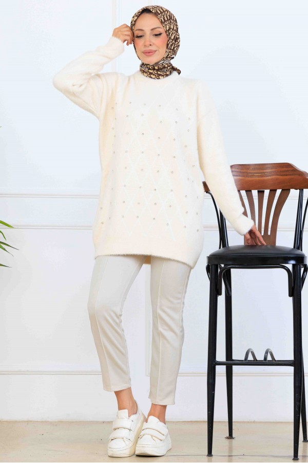 Taş Detaylı Triko Tunik S3008 Taş Rengi