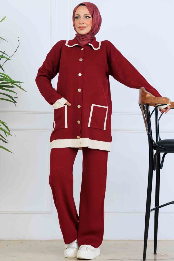 Düğmeli Çizgi Detaylı Triko Takım S1043 Bordo Düğmeli Çizgi Detaylı Triko Takım S1043 Bordo