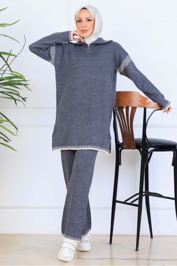 Yakası Fermuarlı Şerit Detay Triko Takım S1061 Antrasit