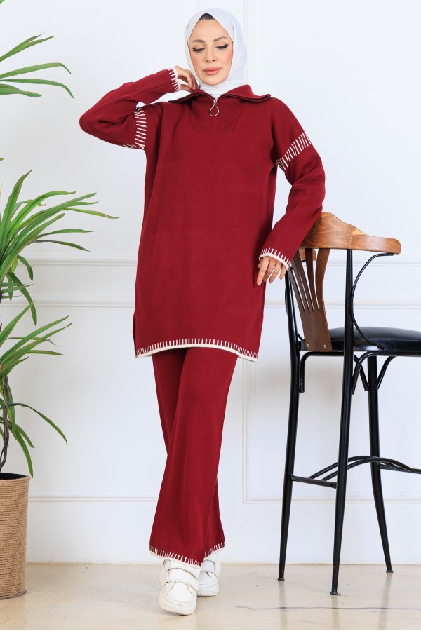 Yakası Fermuarlı Şerit Detay Triko Takım S1061 Bordo