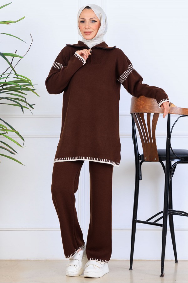 Yakası Fermuarlı Şerit Detay Triko Takım S1061 Kahverengi