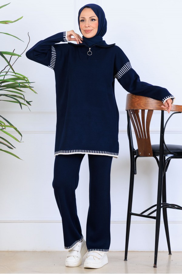 Yakası Fermuarlı Şerit Detay Triko Takım S1061 Lacivert