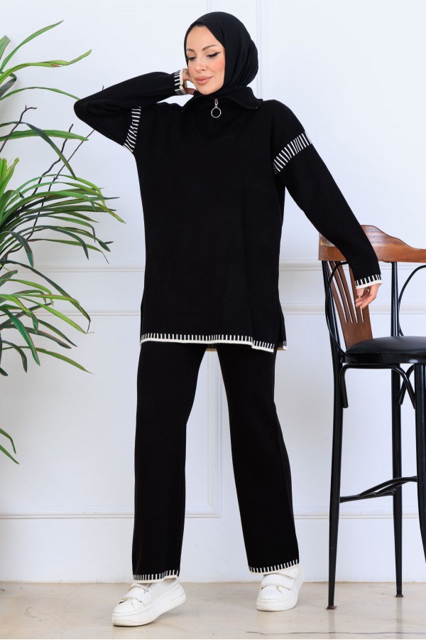 Yakası Fermuarlı Şerit Detay Triko Takım S1061 Siyah
