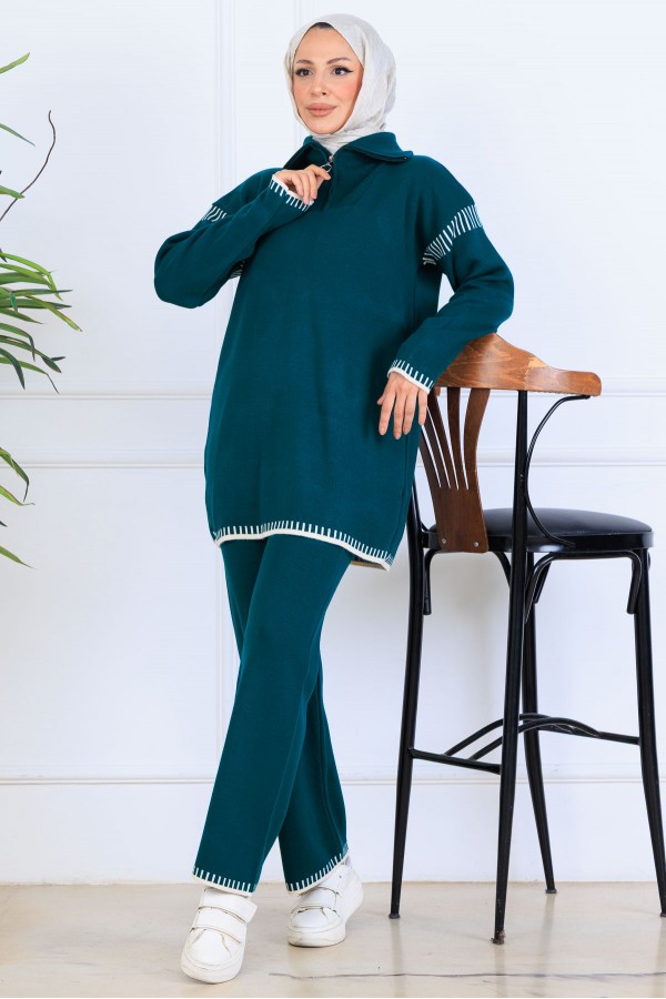 Yakası Fermuarlı Şerit Detay Triko Takım S1061 Zümrüt Yeşili