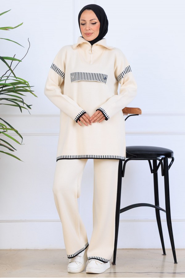 Yakası Fermuarlı Triko Takım S1105 Taş Rengi