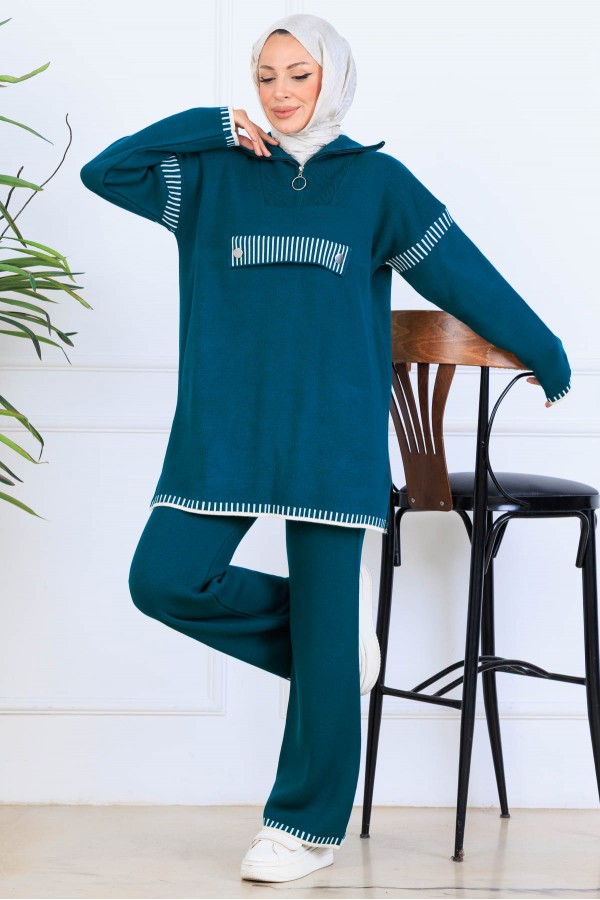 Yakası Fermuarlı Triko Takım S1105 Zümrüt Yeşili