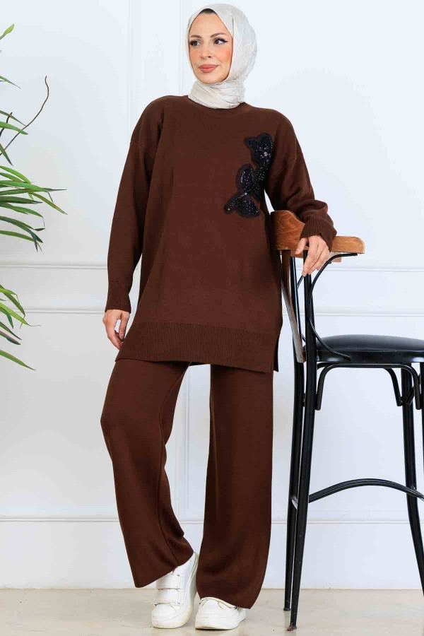 İşleme Detay Triko Takım S1067 Kahverengi
