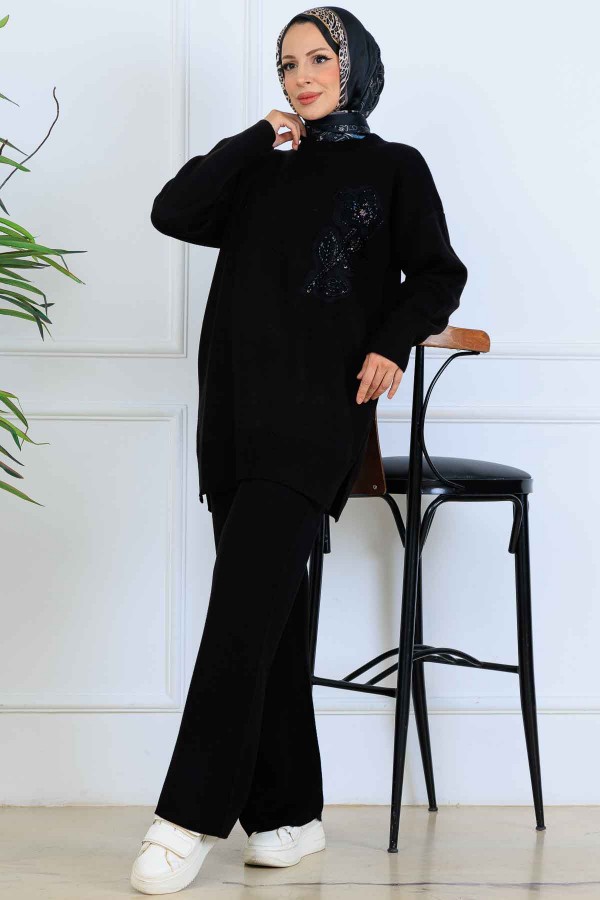 İşleme Detay Triko Takım S1067 Siyah