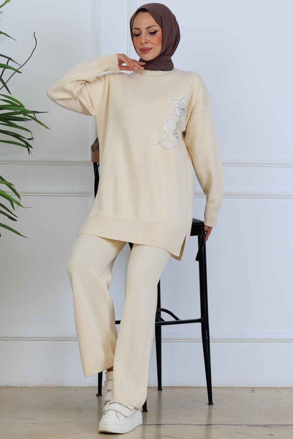 İşleme Detay Triko Takım S1067 Taş Rengi