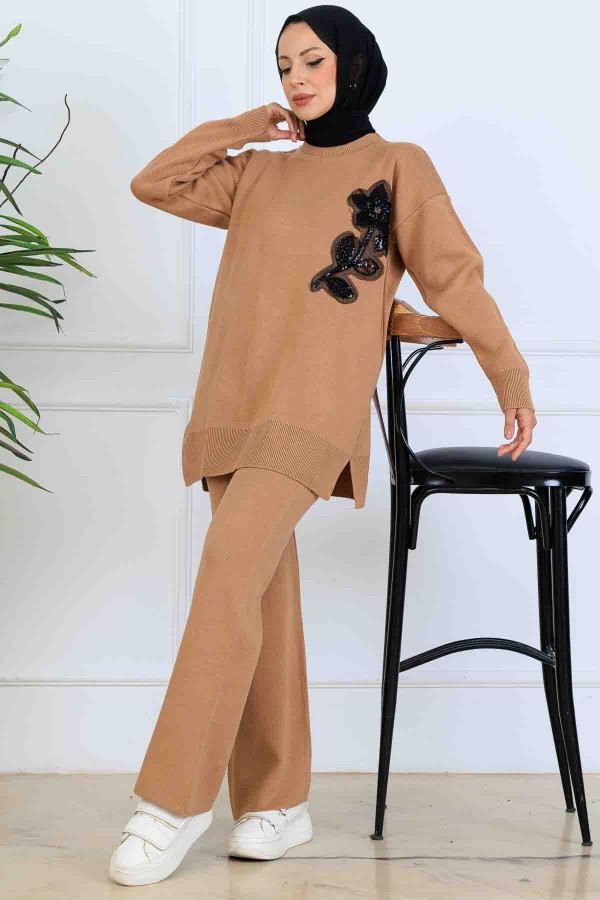 İşleme Detay Triko Takım S1067 Vizon