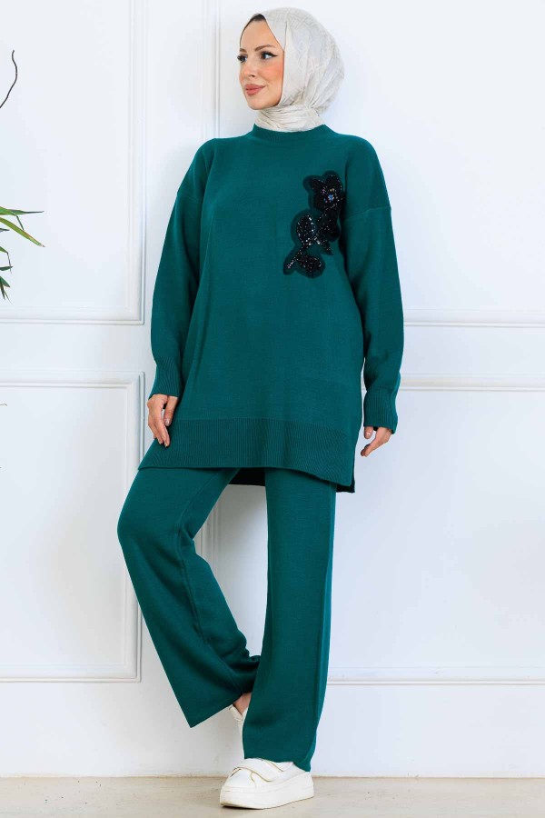 İşleme Detay Triko Takım S1067 Zümrüt Yeşili