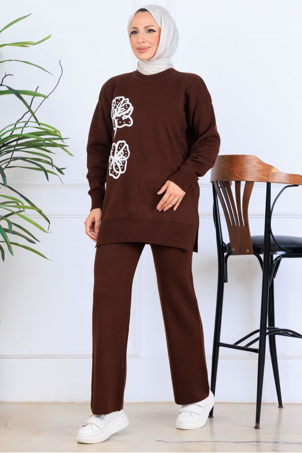 Nakış İşleme Detaylı Triko Takım S1120 Kahverengi