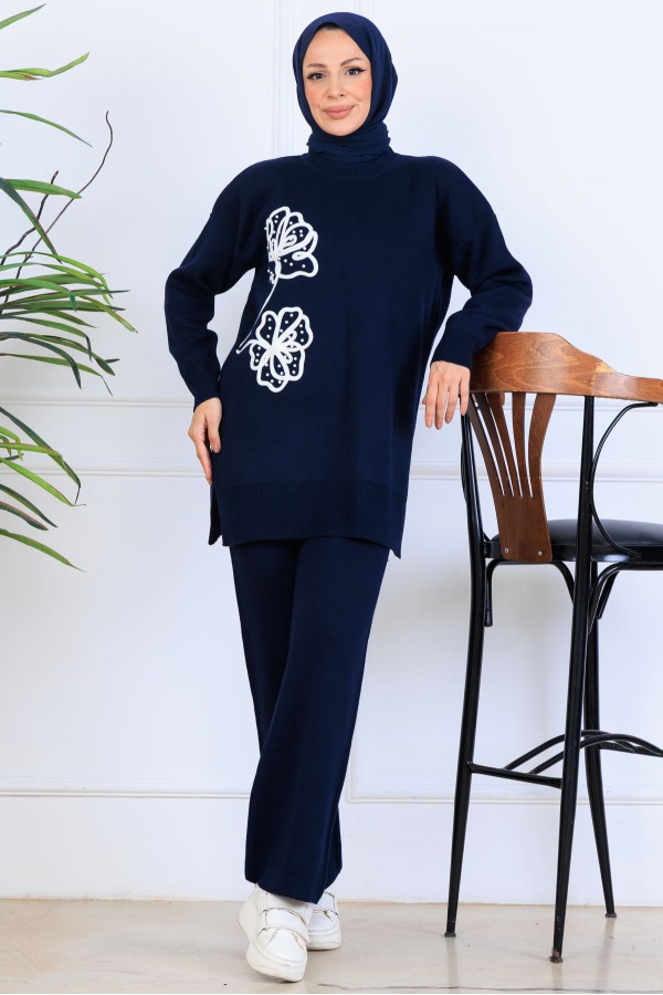 Nakış İşleme Detaylı Triko Takım S1120 Lacivert