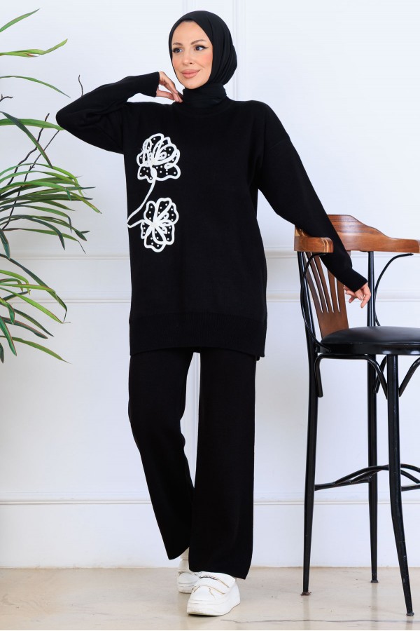 Nakış İşleme Detaylı Triko Takım S1120 Siyah