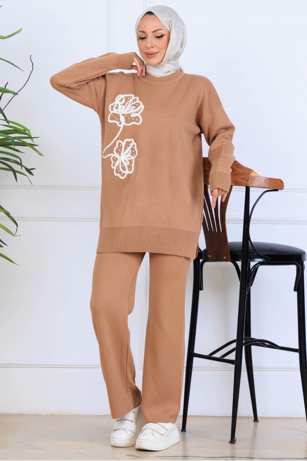 Nakış İşleme Detaylı Triko Takım S1120 Vizon