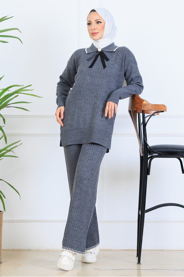 Yakası Kurdele Detay Triko Takım S1064 Antrasit