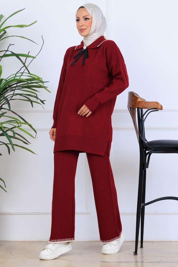 Yakası Kurdele Detay Triko Takım S1064 Bordo