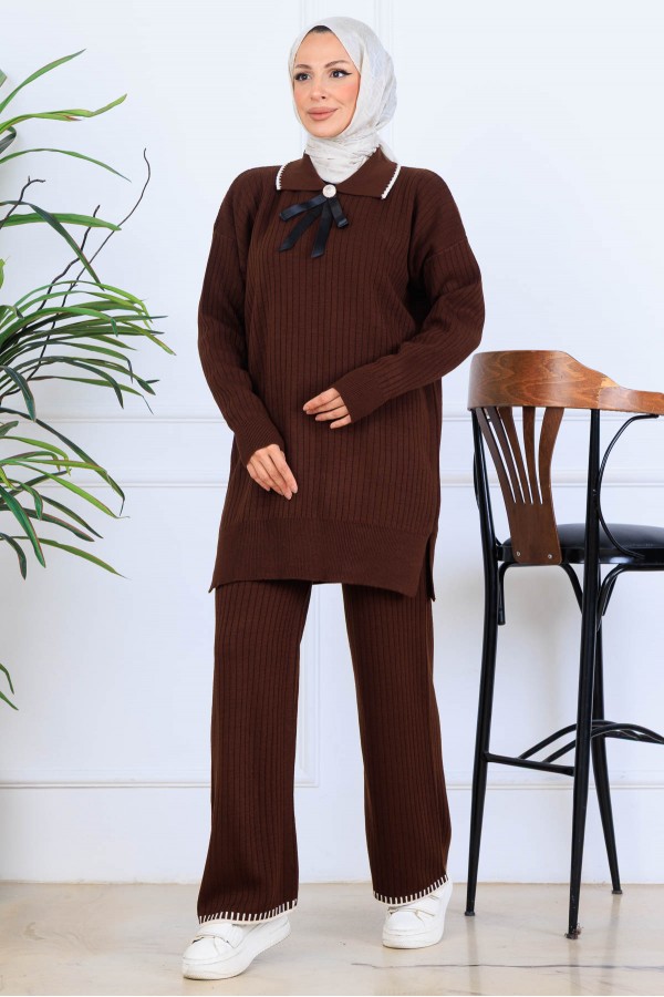 Yakası Kurdele Detay Triko Takım S1064 Kahverengi