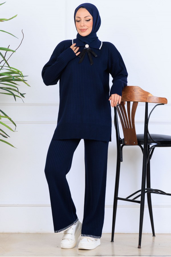 Yakası Kurdele Detay Triko Takım S1064 Lacivert