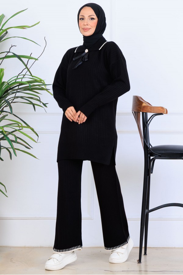 Yakası Kurdele Detay Triko Takım S1064 Siyah