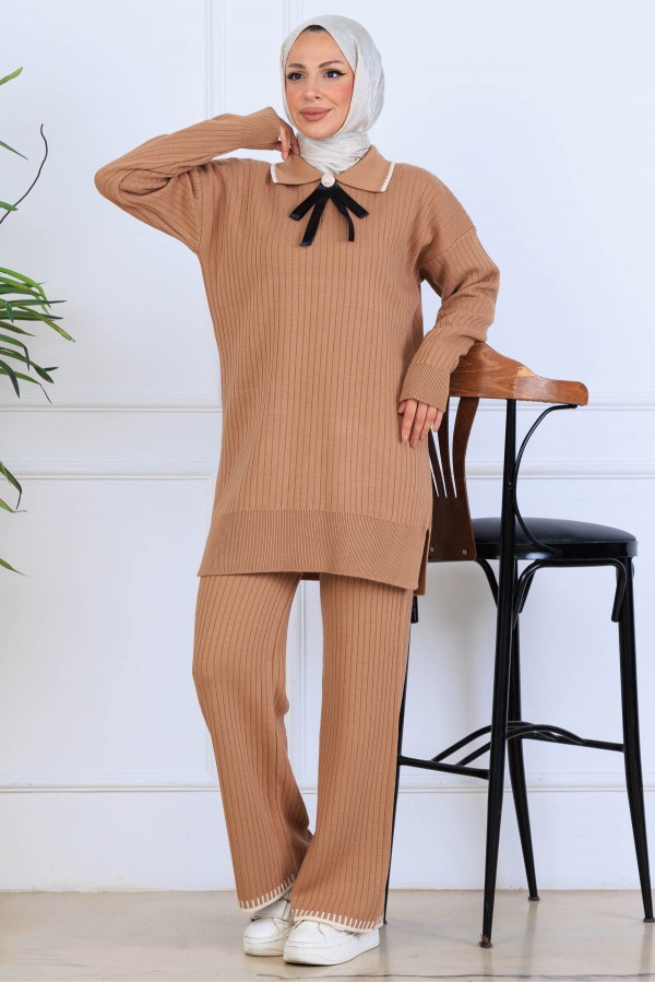 Yakası Kurdele Detay Triko Takım S1064 Vizon