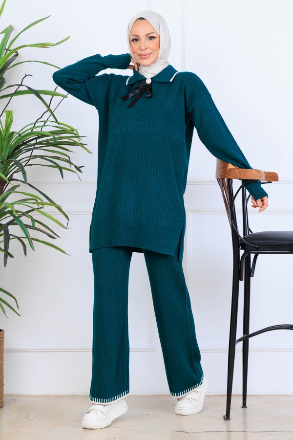 Yakası Kurdele Detay Triko Takım S1064 Zümrüt Yeşili