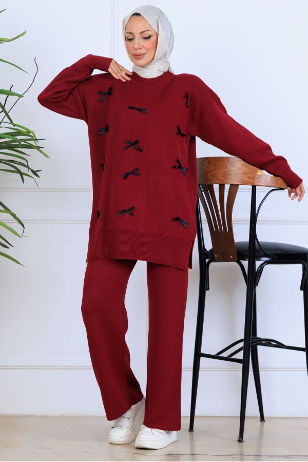 Fiyonk Detaylı Triko Takım S1106 Bordo