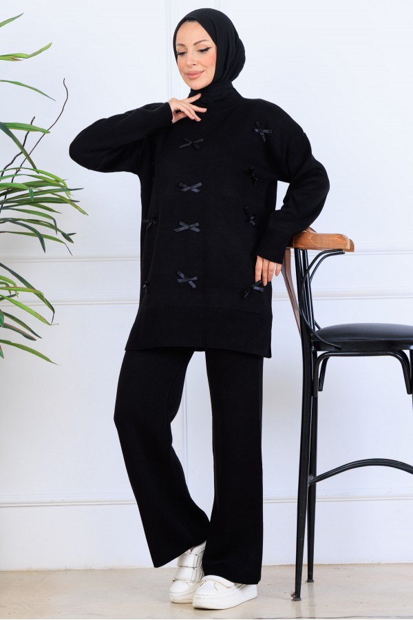Fiyonk Detaylı Triko Takım S1106 Siyah