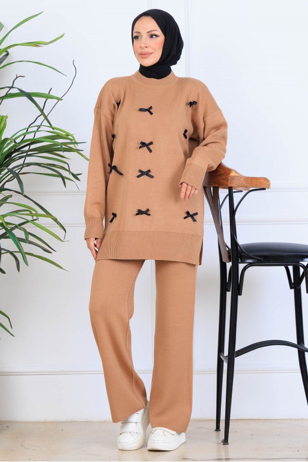 Fiyonk Detaylı Triko Takım S1106 Vizon