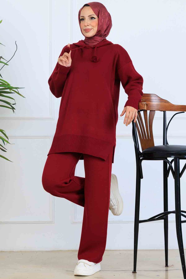 Kapüşonlu Triko Takım S1079 Bordo