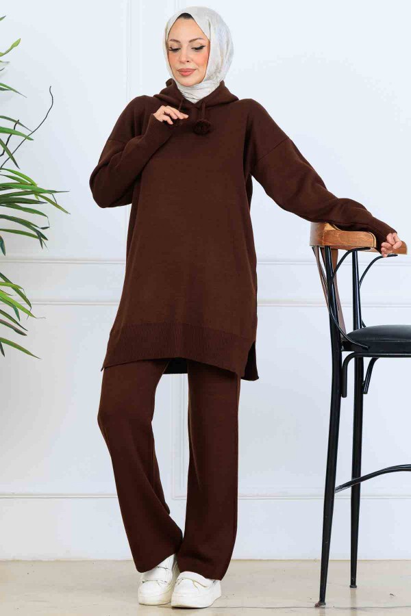 Kapüşonlu Triko Takım S1079 Kahverengi