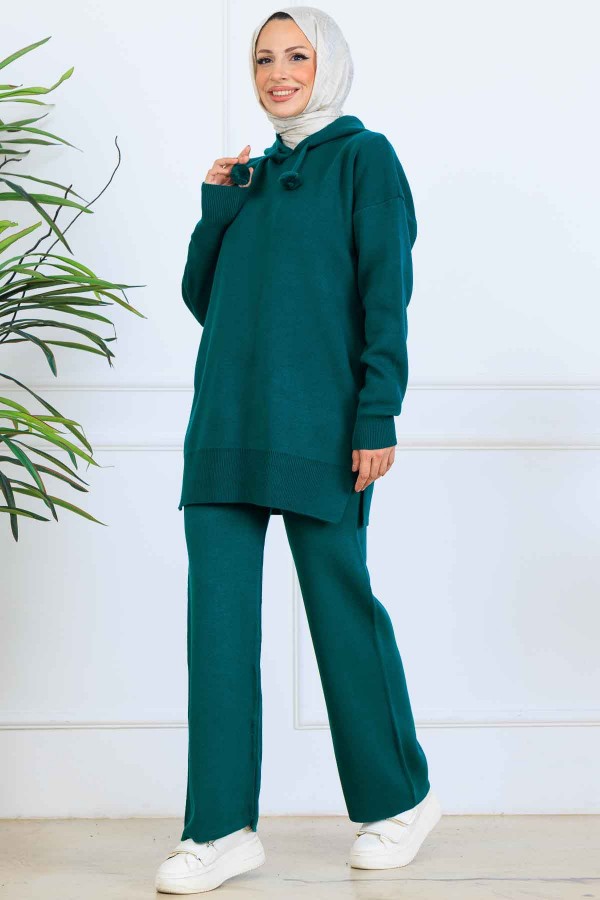 Kapüşonlu Triko Takım S1079 Zümrüt Yeşili