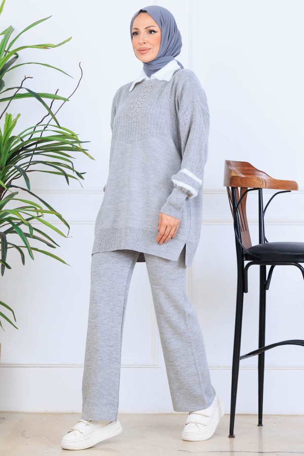 Taş İşlemeli Triko Takım S1009 Gri