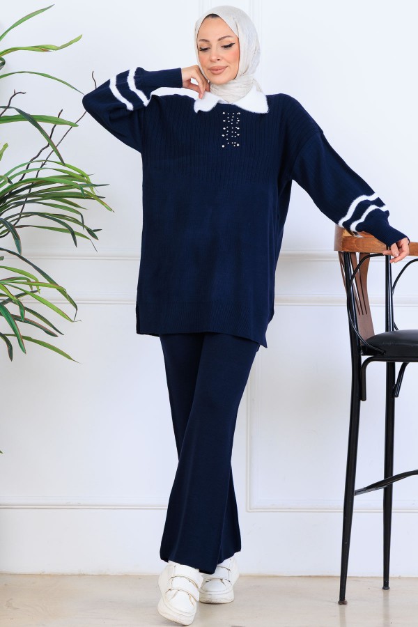 Taş İşlemeli Triko Takım S1009 Lacivert Taş İşlemeli Triko Takım S1009 Lacivert