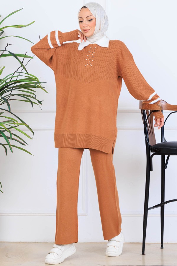 Taş İşlemeli Triko Takım S1009 Taba