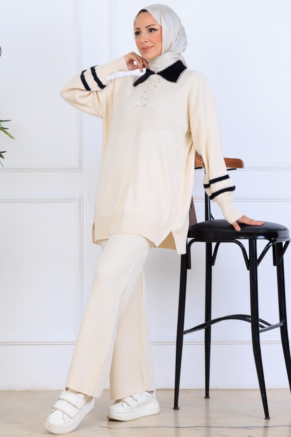 Taş İşlemeli Triko Takım S1009 Taş Rengi