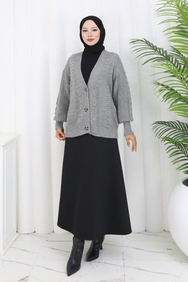 Ponponlu Triko Hırka S4002 Gri