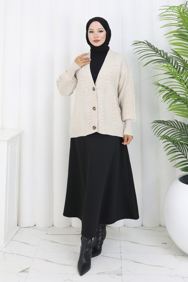 Ponponlu Triko Hırka S4002 Taş Rengi