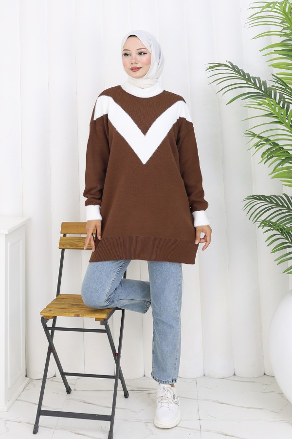 Desenli Triko Tunik S3017 Kahverengi
