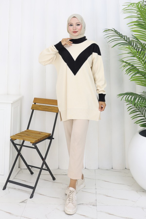 Desenli Triko Tunik S3017 Taş Rengi